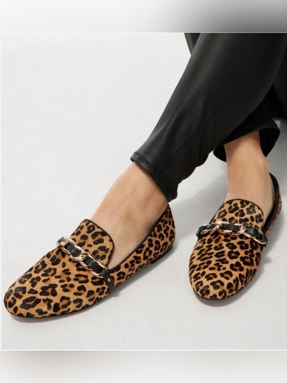 Chico's Leopard Print Calf Hair/Leather Slip-On Loafers with Chain Accent Sz 9.5